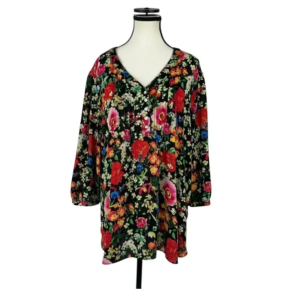 Rose + Olive Floral Blouse Women’s L Black Boho Tunic Top Pintuck Long Sleeve - Picture 2 of 11